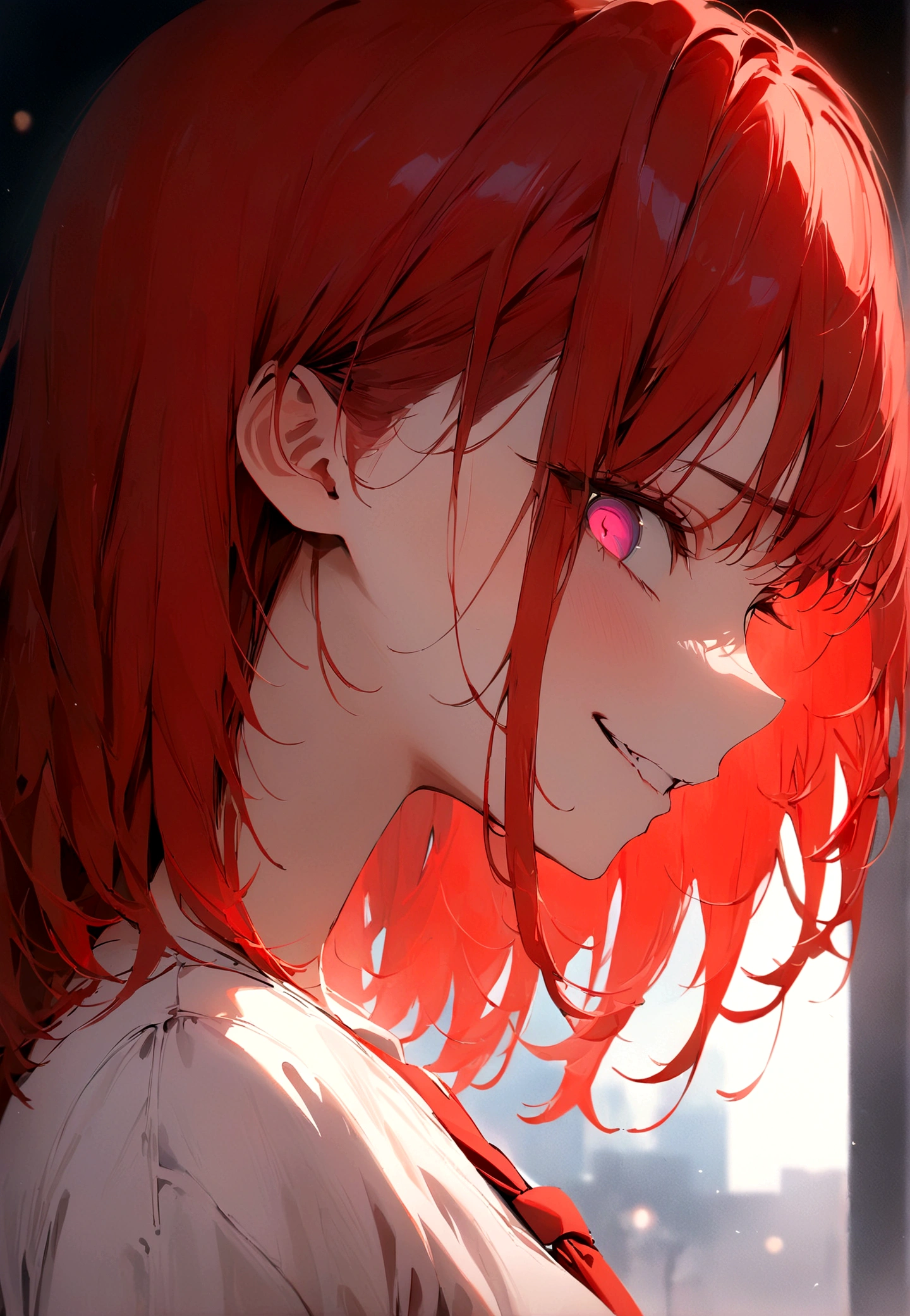 (Masterpiece:1.2, Best Quality), 1 woman, profile, looking towards the viewer, White shirt red tie, medium breasts, Casual, long red hair, minimal makeup, , pale,Natural fabrics, closeup face, evil smile, bright eyes circular pupils,8K high resolution, detailed lines,blurred background,