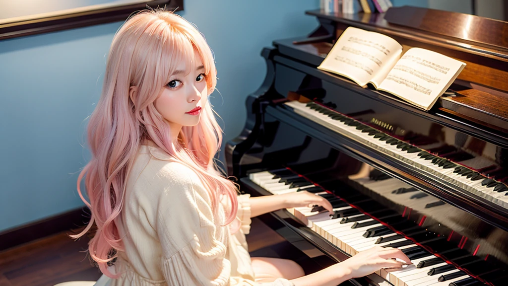 playing piano.Ai Hoshino, beige pink hair, Blue Hair,Long Hair, favorite , Beautiful, shining eyes, Stars in my eyes, Idol,Long pink hair