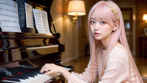 playing piano.ai hoshino, beige pink hair, blue hair,long hair, favorite , beautiful, shining eyes, stars in my eyes, idol,long ...