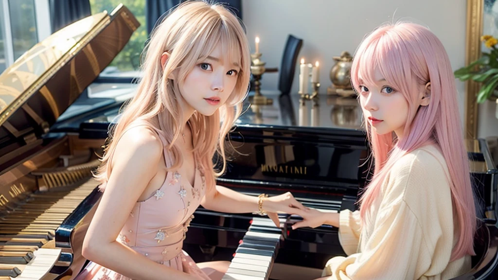 playing piano.Ai Hoshino, beige pink hair, Blue Hair,Long Hair, favorite , Beautiful, shining eyes, Stars in my eyes, Idol,Long pink hair