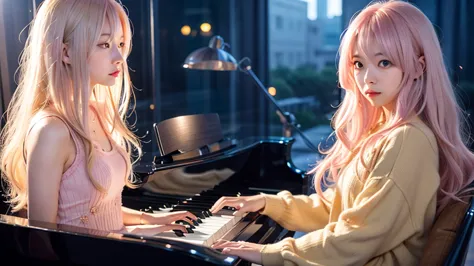 playing piano.ai hoshino, beige pink hair, blue hair,long hair, favorite , beautiful, shining eyes, stars in my eyes, idol,long ...