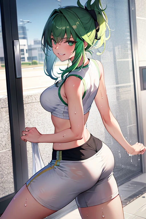 Green hair, folded ponytail, fine eyes, green eyes, masterpiece, sweat, soaked, best quality, hi-res, solo, wicked grin, ass facing you, running action and elegance, white sports short shorts, wet pants, white running shirt, wet shirt, sleeveless, braless, big, park, outdoor (en bikini) (camisa mojada y de frente de la cámara) (en bikini ) ( mostrando tetas)( su uniforme transparente )( sin ropa interior)