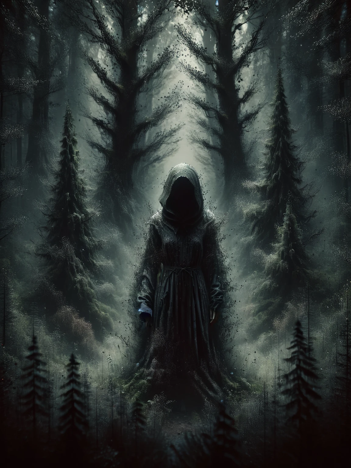 어두운 숲 가장자리에 서있는 신비한 인물, 미지의 비밀을 속삭이는 듯한 ais-darkpartz에 둘러싸여 있습니다.. 
