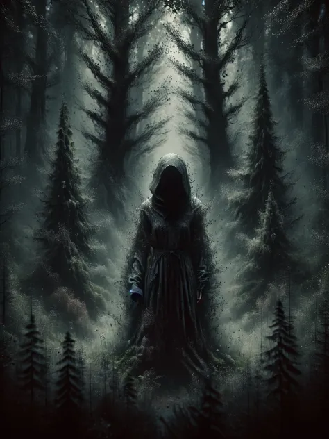A mysterious figure standing at the edge of a dark forest, surrounded by ais-darkpartz that seem to whisper secrets of the unkno...
