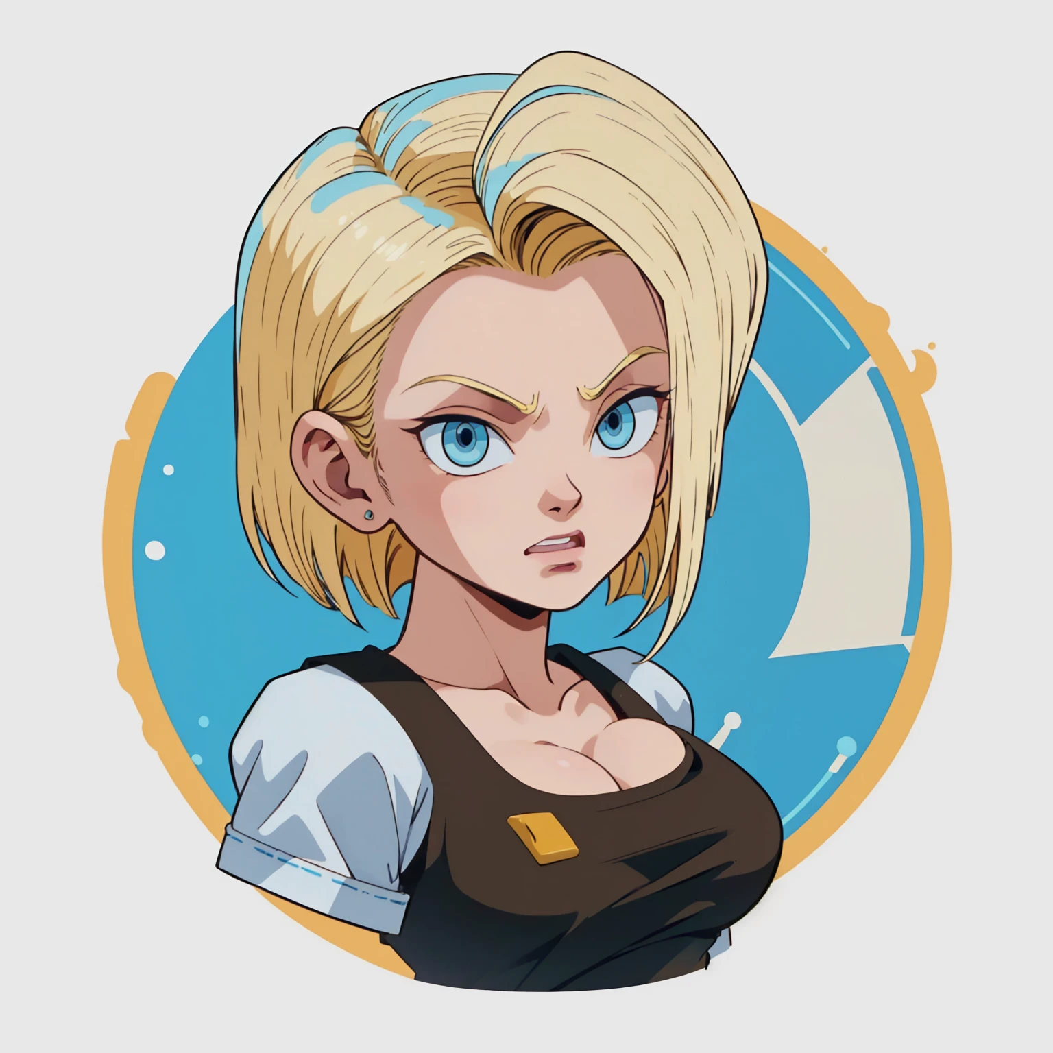 ((1 Mädchen,  android 18 , Blondes Haar, Kurzes Haar, blaue Augen, 1 Mädchen, weißer Hintergrund, Blondes Haar, weißes Hemd, Wütendes Gesicht)), Oberkörper, anatomisch korrekt, Kurzes Haar, chibi, Einfacher Hintergrund, Dekollete, den Betrachter anschauen, 