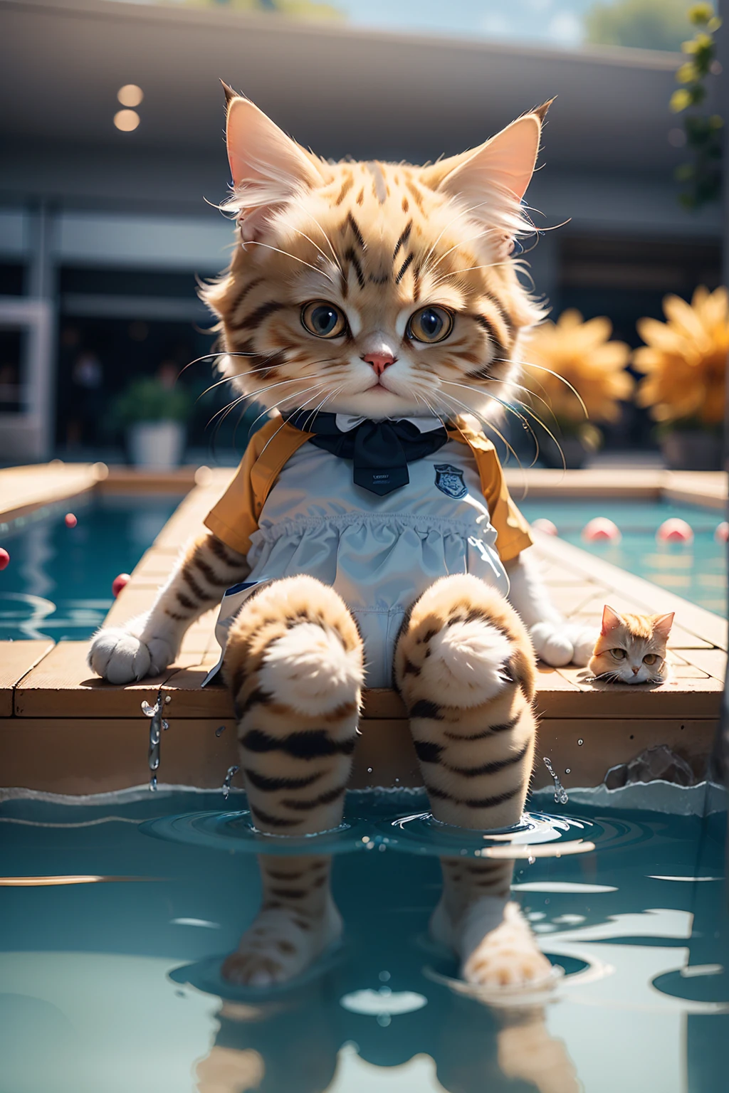 High resolution,超High resolution,8K,Very detailed,Realistic,photo-Realistic:1.37),Highest quality,masterpiece,pressure,Blurred background,Blurred,sitting in the pool,Main cat,Woman wearing a white bra top, School swimming pool、blue sky, alone, Outdoor, Depth of written boundary