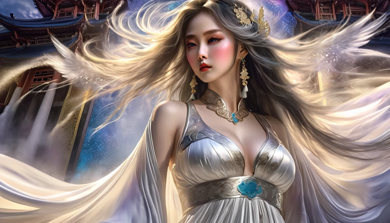 Woman in transparent dress,Viewer,(((Full breasts, Keeley University))),Slim waist,(Navel exposed,Bare waist), Long hair, extreme detailed details, Detailed fantasy art, Stunning character art, Beautiful and exquisite character art, Beautiful transparent dress, Very detailed, Girl wearing flowing Hanfu, Exquisite headpieces and jewellery,Crystal jewelry filigree, galaxy, Stunning visuals, (Dynamic Stripes, light rail:1.2), Vibrant colors,Long hair动漫女孩和狐狸, 美丽的白金色Angel女士, 白毛Angel, Beautiful character painting, Beautiful anime portrait, Angel翅膀的女孩, a beautiful Angel woman, Mystical artwork, Guweiz, by Ren Renfa, Angel, Large Breasts，Full breasts，Golden ratio figure，Perfect body，Ultra wide-angle shooting，Full body shot，Body close-up，Full body shot，Wearing a pleated tulle skirt，Soft anime illustration, Soft dark background，Fujifilm XT3 Clear focus, f 5.6, High Detail, Clear focus, Dramatic, (Wearing openwork clothing), (Looking at the audience:1.8), (Natural light), (Tempting)translucent, Good velvet quality, Compared, Divine Light,, Silver gray hair, Sky background, Absolute Strength,女性Angel，Girl in sexy silk,，Large Breasts，Full breasts，Golden ratio figure，Perfect body，Ultra wide-angle shooting，Full body shot，Body close-up，Full body shot， Wearing a tulle dress, Model shooting style, Large Breasts，Full breasts，Golden ratio figure，Perfect body，(Extremely detailed CG 8k wallpaper unit), The most beautiful artistic photos in the world, , 8K Ultra HD, ) On the big white bed，Lazy gesture，Charming and seductive expression，best quality,masterpiece,Ultra-high resolution,(Practical:1.4),original photo,Ultra-high resolution，White skin，Exquisite makeup，Long legs，Bright beautiful eyes，用深色眼影打造Exquisite makeup，