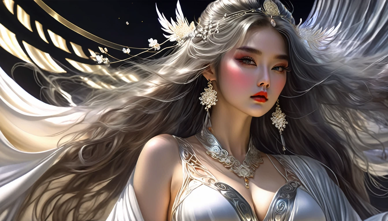 Woman in transparent dress,Viewer,(((Full breasts, Keeley University))),Slim waist,(Navel exposed,Bare waist), Long hair, extreme detailed details, Detailed fantasy art, Stunning character art, Beautiful and exquisite character art, Beautiful transparent dress, Very detailed, Girl wearing flowing Hanfu, Exquisite headpieces and jewellery,Crystal jewelry filigree, galaxy, Stunning visuals, (Dynamic Stripes, light rail:1.2), Vibrant colors,Long hair动漫女孩和狐狸, 美丽的白金色Angel女士, 白毛Angel, Beautiful character painting, Beautiful anime portrait, Angel翅膀的女孩, a beautiful Angel woman, Mystical artwork, Guweiz, by Ren Renfa, Angel, Large Breasts，Full breasts，Golden ratio figure，Perfect body，Ultra wide-angle shooting，Full body shot，Body close-up，Full body shot，Wearing a pleated tulle skirt，Soft anime illustration, Soft dark background，Fujifilm XT3 Clear focus, f 5.6, High Detail, Clear focus, Dramatic, (Wearing openwork clothing), (Looking at the audience:1.8), (Natural light), (Tempting)translucent, Good velvet quality, Compared, Divine Light,, Silver gray hair, Sky background, Absolute Strength,女性Angel，Girl in sexy silk,，Large Breasts，Full breasts，Golden ratio figure，Perfect body，Ultra wide-angle shooting，Full body shot，Body close-up，Full body shot， Wearing a tulle dress, Model shooting style, Large Breasts，Full breasts，Golden ratio figure，Perfect body，(Extremely detailed CG 8k wallpaper unit), The most beautiful artistic photos in the world, , 8K Ultra HD, ) On the big white bed，Lazy gesture，Charming and seductive expression，best quality,masterpiece,Ultra-high resolution,(Practical:1.4),original photo,Ultra-high resolution，White skin，Exquisite makeup，Long legs，Bright beautiful eyes，用深色眼影打造Exquisite makeup，