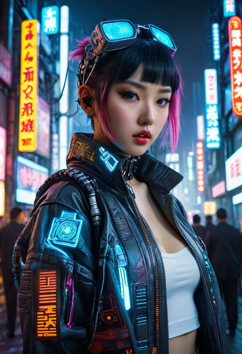 ((extremely delicate and beautiful cybernetic girl)), ((mechanical limb, blood vessels connected to tube, mechanical vertebrae)), ((mechanical cervical attaching to neck)), (wires and cables attaching to neck:1.2), ((mass of wires and cables on head)), ((wearing colorful Harajuku tech jacket with logos)), (character focuacing camera pose)), ((cowboy shot)), (masterpiece), (((best quality))), ((ultra-detailed)), (highly detailed photorealistic CG illustration), cinematic lighting, science fiction, extremely detailed,colorful,highest detail, (((cyberpunk city background, (Blade Runner), Harajuku district)))