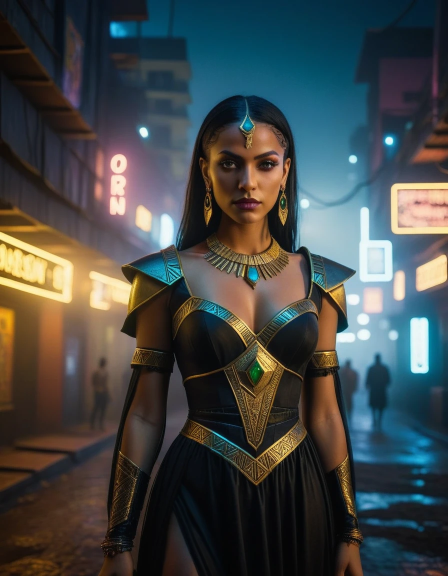 (masterpiece:1.7, best quality, ultra detailed, moonlight lights ratio, ultra realistic:1.3), Cinematic lighting:0.7, full-body portrait of a Brazilian woman with Wiccan (witch) style, wearing a detailed gothic dress with a cropped top, adorned with Egyptian gold jewelry. Sharp focus on her face, perfect eyes:1.5, photorealistic:1.5, film grain, looking at the camera:1.3, emphasize shoulders, foggy, misty, volumetric dust, key light, ray tracing, film grain ISO 800, 16 mm lens, RAW f1.8 aperture, analog photography, HDR colors, (cyberpunk cityscape:1.5), neon lights, futuristic buildings, (deep depth of field:1.3), complex and out-of-focus background, vibrant colors, dark, elegant, and intimidating atmosphere, (Brazilian ethnicity:1.5), (Wiccan elements:1.3), (detailed gothic dress:1.5), (Egyptian gold jewelry:1.5), (cyberpunk elements:1.5), (city at night:1.3), (high-tech gadgets and architecture:1.3), (neon signs and lights:1.3), (moody and atmospheric:1.3), (EULER A method)
