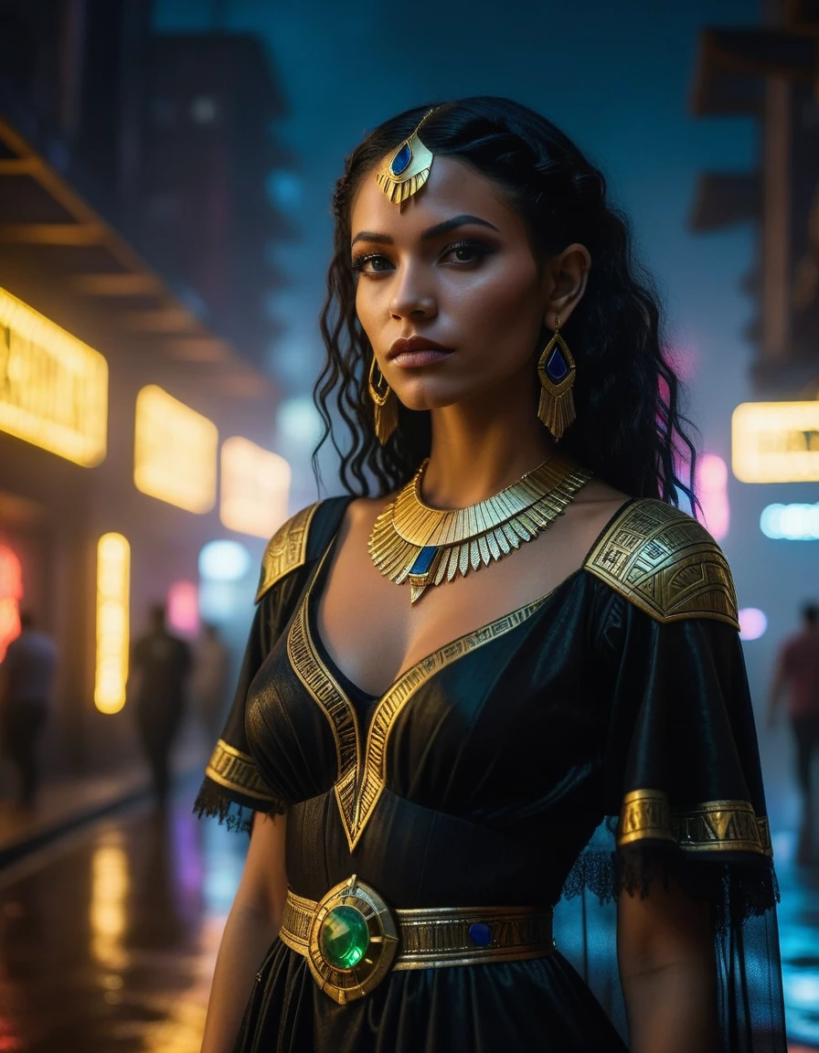 (masterpiece:1.7, best quality, ultra detailed, moonlight lights ratio, ultra realistic:1.3), Cinematic lighting:0.7, full-body portrait of a Brazilian woman with Wiccan (witch) style, wearing a detailed gothic dress with a cropped top, adorned with Egyptian gold jewelry. Sharp focus on her face, perfect eyes:1.5, photorealistic:1.5, film grain, looking at the camera:1.3, emphasize shoulders, foggy, misty, volumetric dust, key light, ray tracing, film grain ISO 800, 16 mm lens, RAW f1.8 aperture, analog photography, HDR colors, (cyberpunk cityscape:1.5), neon lights, futuristic buildings, (deep depth of field:1.3), complex and out-of-focus background, vibrant colors, dark, elegant, and intimidating atmosphere, (Brazilian ethnicity:1.5), (Wiccan elements:1.3), (detailed gothic dress:1.5), (Egyptian gold jewelry:1.5), (cyberpunk elements:1.5), (city at night:1.3), (high-tech gadgets and architecture:1.3), (neon signs and lights:1.3), (moody and atmospheric:1.3), (EULER A method)
