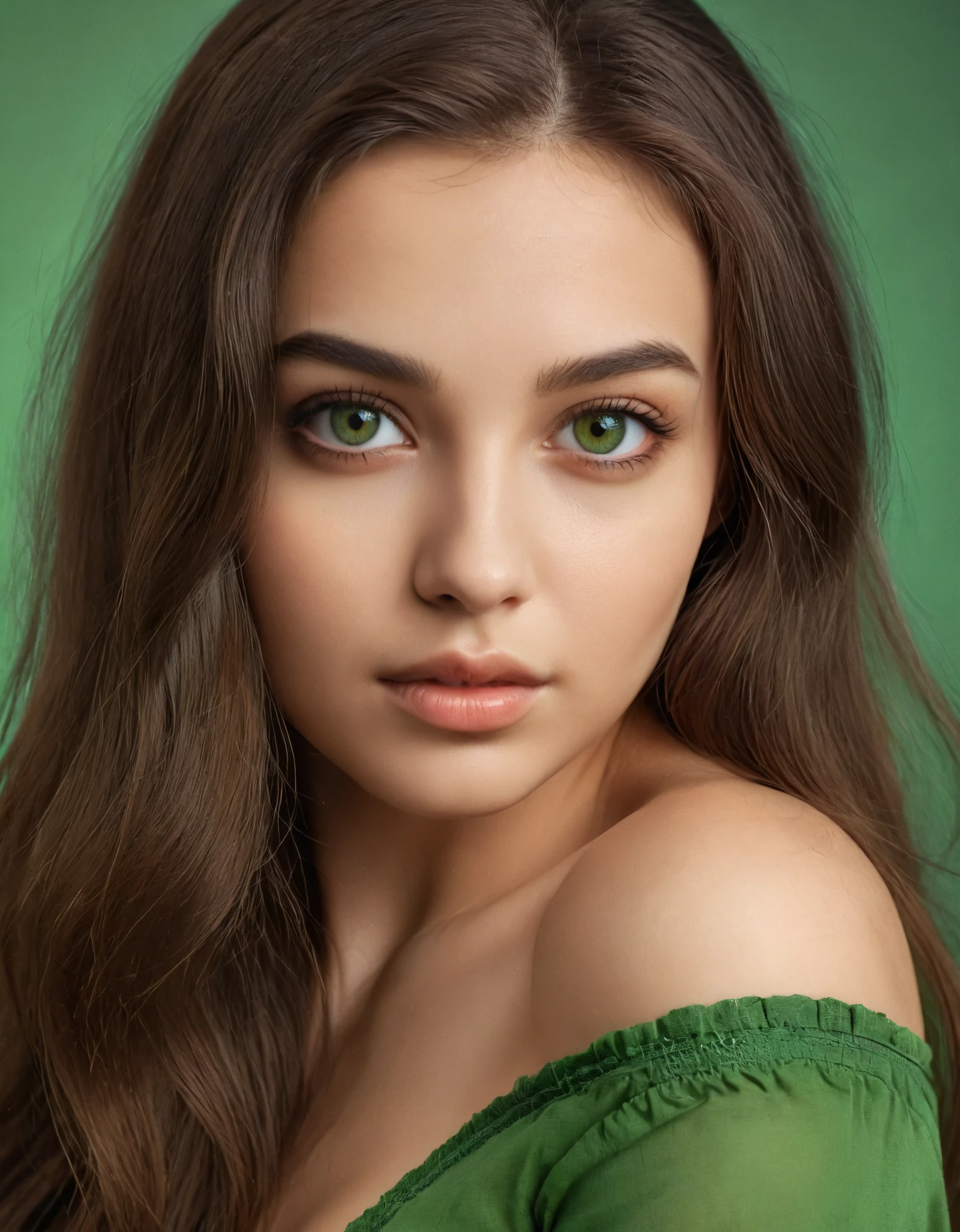 girl with hourglass figure, 70% difference from the waist. brunette, long hair, well-groomed 25 years old. ultra textured light skin with beautiful retouching. natural,big 2 color green-brown eyes with more brown color at the pupil.green color with #190323. slit with fox effect. looks directly into the camera. confident underdog.without a dimpled chin. nose with end in the air