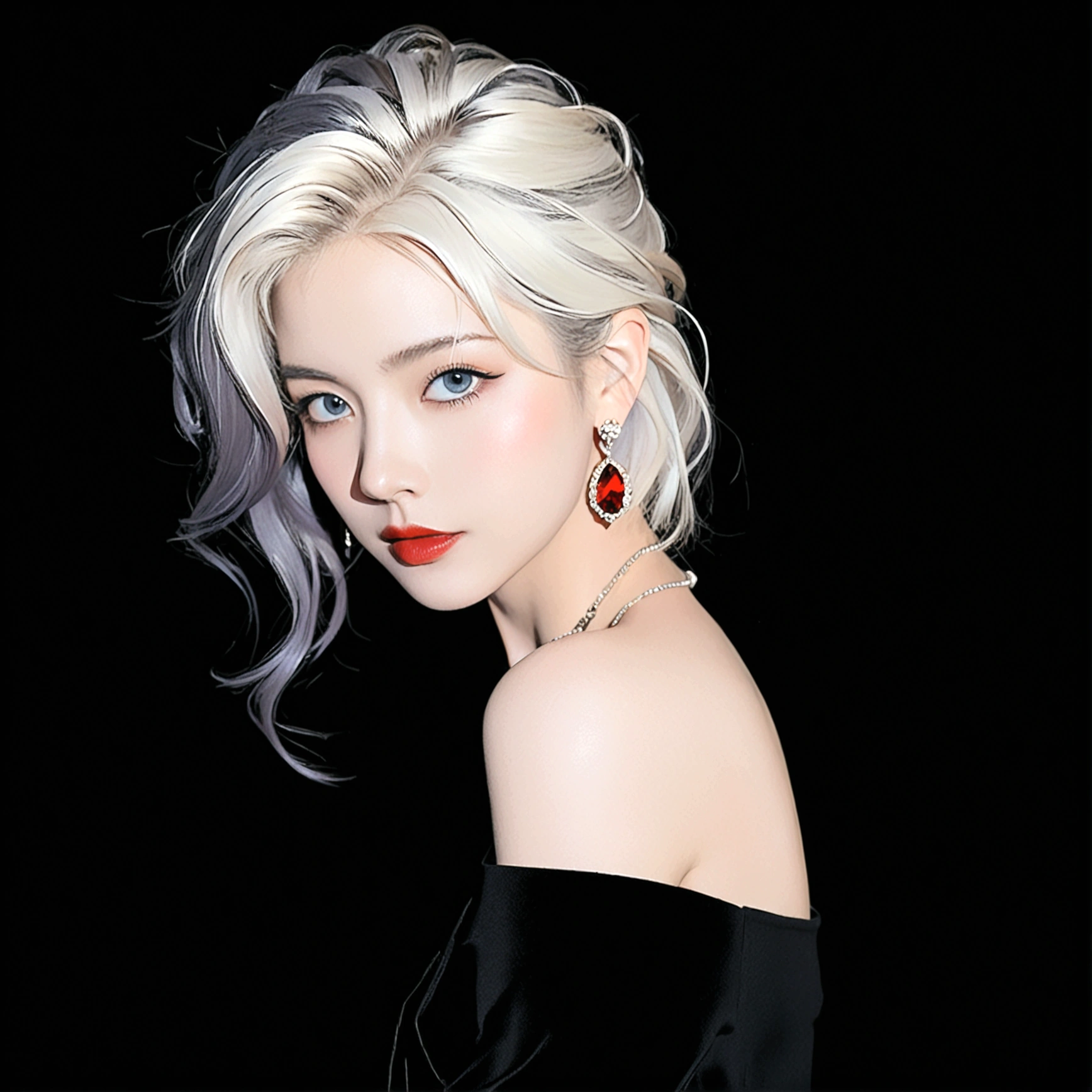 1girl, solo, looking at viewer, simple background, dress, bare shoulders, jewelry, upper body, white hair, earrings, looking back, necklace, off shoulder, grey eyes, black shirt, makeup, lipstick, black background, red lips