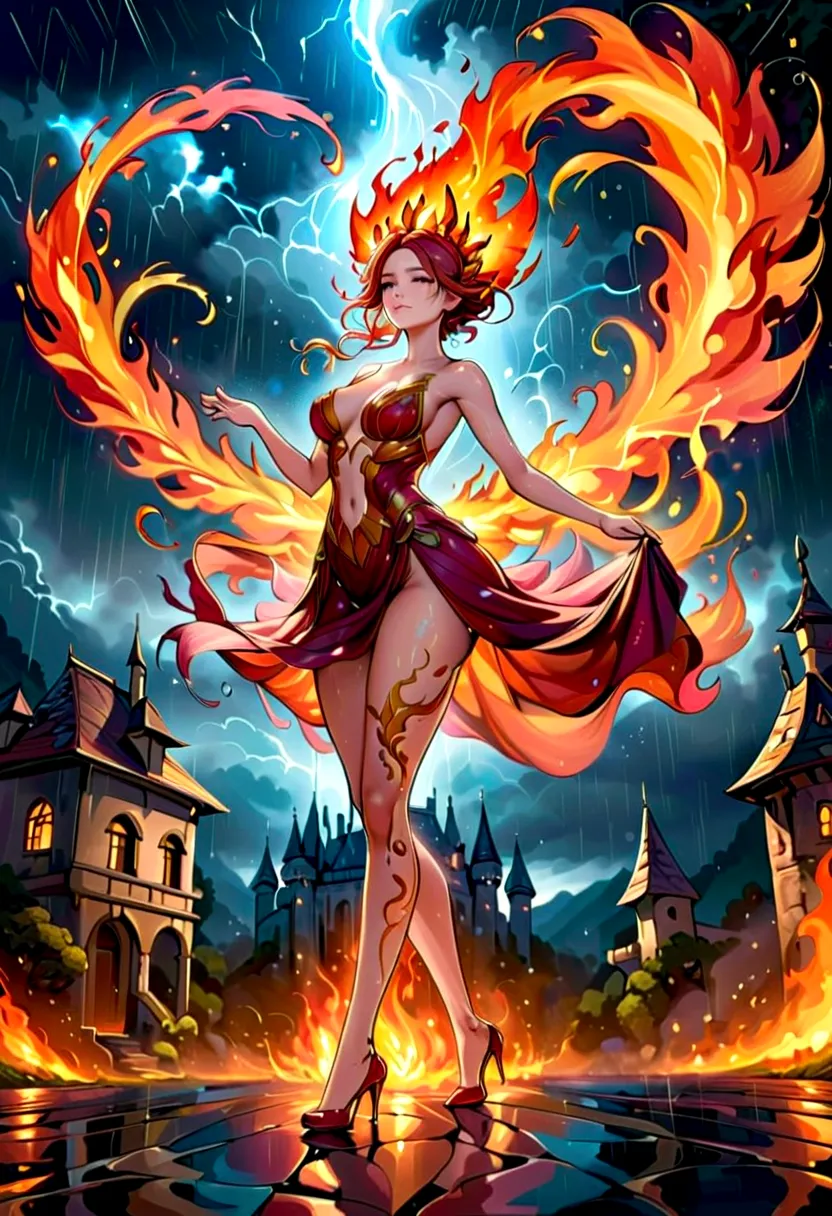 a sorceress of fire making fire dance in a the (storm of rain: 1.3), a most exquisite beautiful sorceress, controlling fire mani...