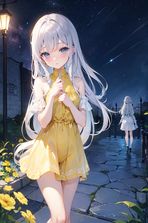 M-shaped legs、Yellow panties、、Light silver hair、Semi-long hair、garden、night、、Pale blue eyes、Blushing、、Random pose、Looks like she...