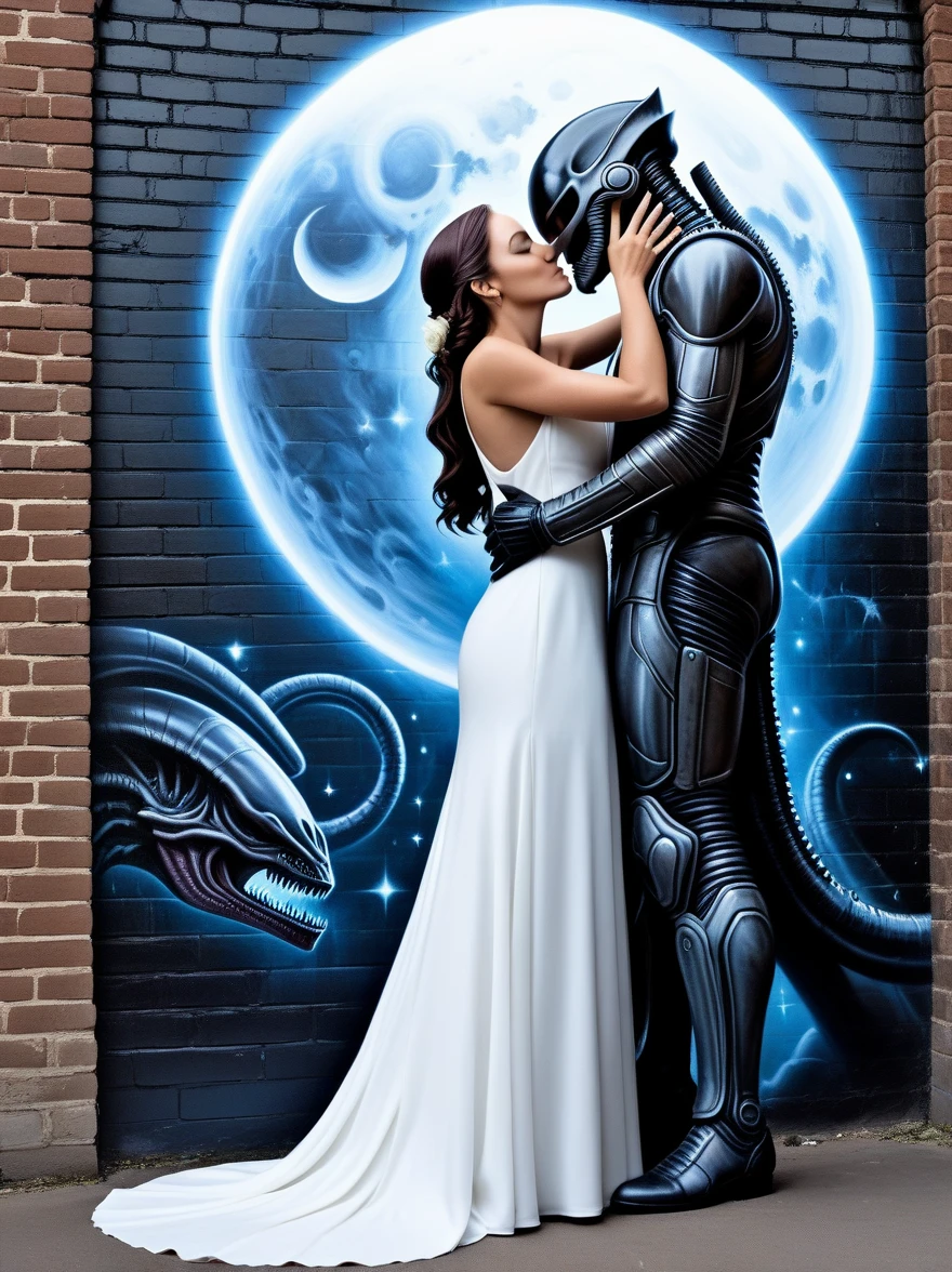 ((шедевр), (Лучшее качество), (Сверхъестественное), яркие граффити на кирпичной стене, изображающие философию безумного влечения и полный страсти поцелуй девушки невесты в свадебном платье с инопланетянином-ксеноморфом, фотореализм, HD, гиперреализм,