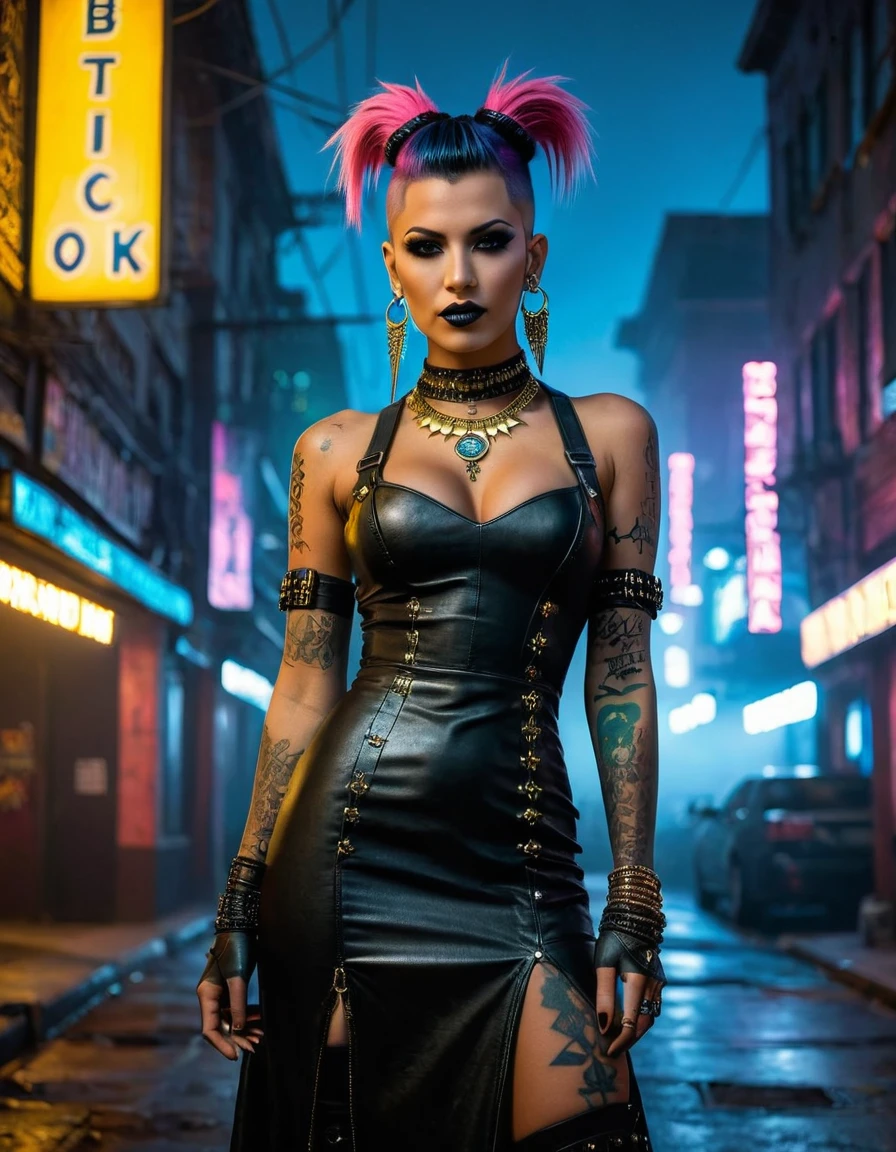 (masterpiece:1.7, best quality, ultra detailed, moonlight lights ratio, ultra realistic:1.3), Cinematic lighting:0.7, full-body portrait of a Brazilian woman with a punk Wiccan (witch) style, wearing a detailed gothic dress with leather elements, adorned with Egyptian gold jewelry, piercings, and runic tattoos. Sharp focus on her face, perfect eyes:1.5, photorealistic:1.5, film grain, looking at the camera:1.3, emphasize shoulders, foggy, misty, volumetric dust, key light, ray tracing, film grain ISO 800, 16 mm lens, RAW f1.8 aperture, analog photography, HDR colors, (cyberpunk cityscape:1.5), neon lights, futuristic buildings, (deep depth of field:1.3), complex and out-of-focus background, vibrant colors, dark, elegant, and intimidating atmosphere, (Brazilian ethnicity:1.5), (punk elements:1.5), (leather clothing:1.5), (sensual pose:1.2), (piercings:1.3), (runic tattoos:1.3), (detailed gothic dress:1.5), (Egyptian gold jewelry:1.5), (cyberpunk elements:1.5), (city at night:1.3), (high-tech gadgets and architecture:1.3), (neon signs and lights:1.3), (moody and atmospheric:1.3), (EULER A method)
