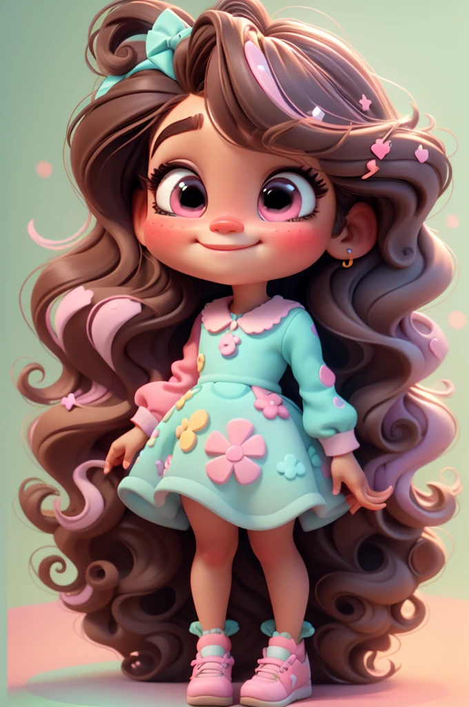 3D-Illustration, Pixar-Stil, Babymädchen Ariana Grande braune Haare, lange Haare, rosa Schleife im Haar, Kleid Aqua Ciano mit weißen Punkten, helle Augen sehen aus wie Inside Out Charakter der Film, Süssigkeiten Farben, Pastellfarben, lächelnd, glitter, hellrosa Schuhe, überschwänglich
