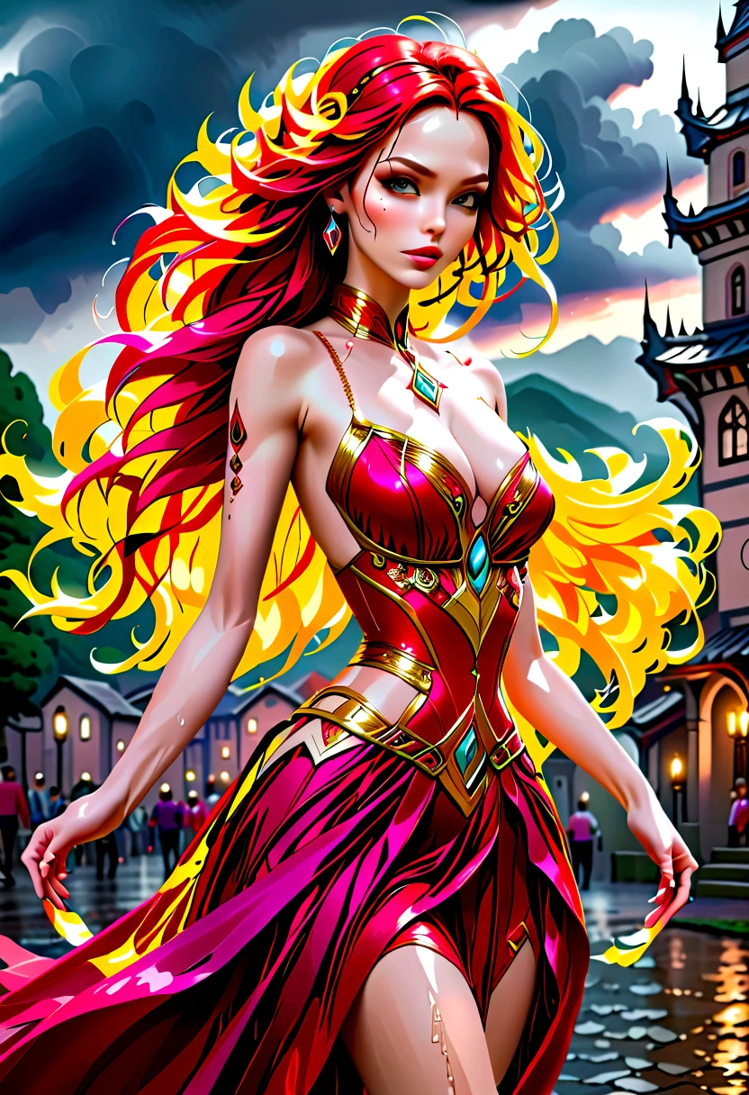 a sorceress of fire making fire dance in a the (storm of rain: 1.5), a most exquisite beautiful sorceress, controlling fire manipulating fire, a woman, dynamic hair color, dynamic hair style, (most beautiful face: 1.3), (ultra detailed face: 1.2), wet hair, wet face, dynamic eyes color, full body shot, wearing dress made of fire, wearing intricate high heels, light make up, dancing in courtyard of a fantasy castle, ((heavy rain drops: 1.1)), clouds in the sky, (anatomically correct: 1.4), (full body shot: 1.1) , vibrant, Ultra-high resolution, High Contrast, (masterpiece:1.5), highest quality, Best aesthetics), best details, best quality, highres, ultra wide angle, 16k, [ultra detailed], masterpiece, best quality, (extremely detailed), firecd_xl, phoenix dress, fireMagicAI, Intense gaze