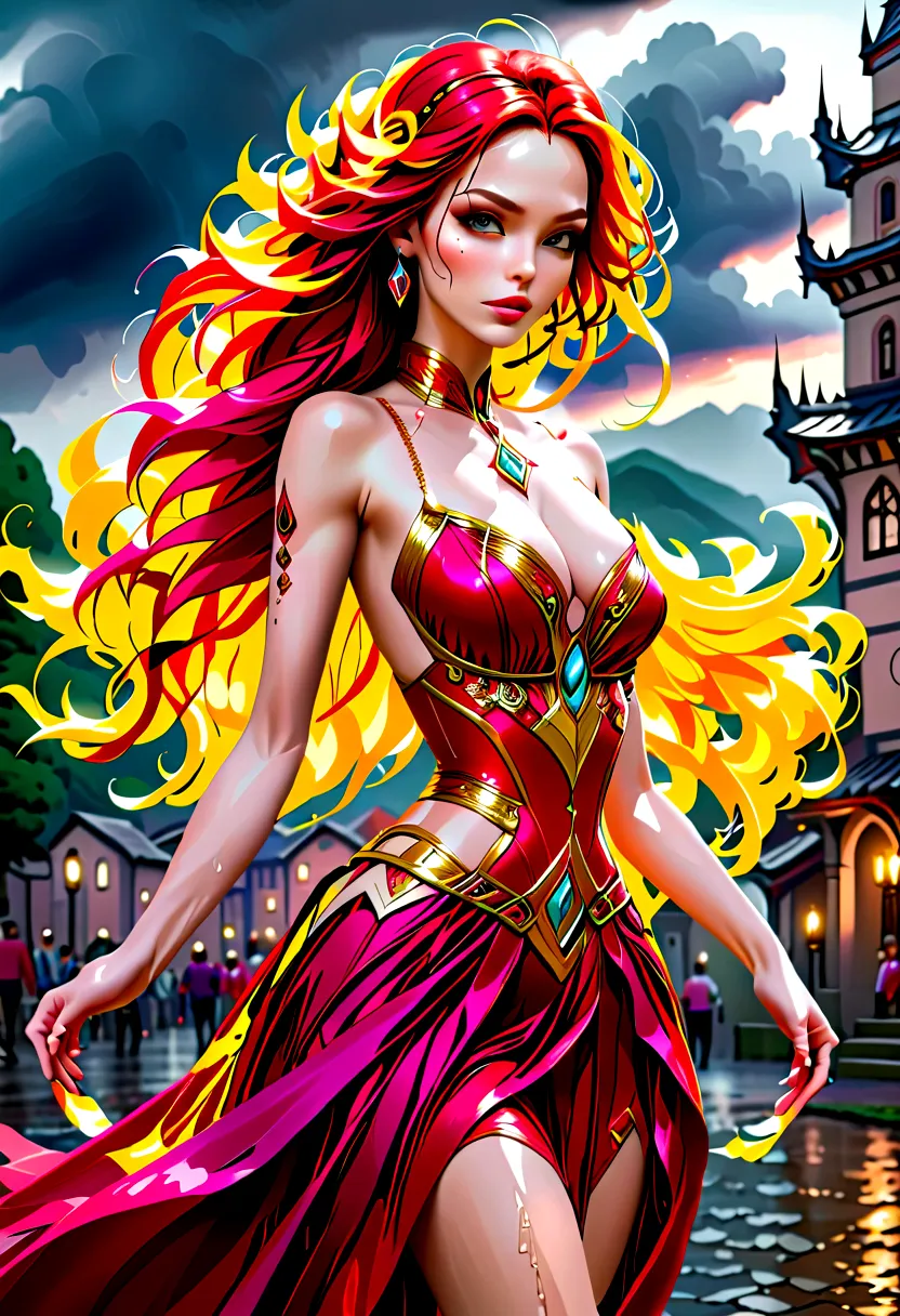 a sorceress of fire making fire dance in a the (storm of rain: 1.5), a most exquisite beautiful sorceress, controlling fire mani...