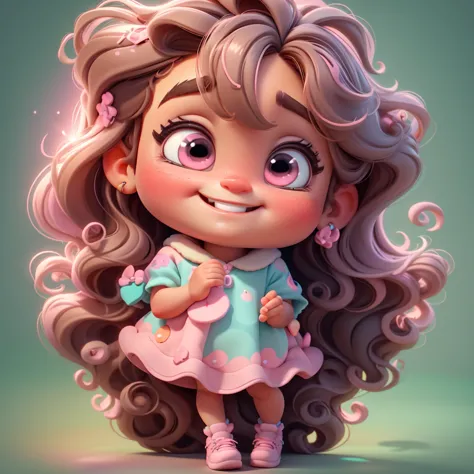 3d illustration, pixar style,  cute chibi, baby girl ariana grande brown hair, long hair, pink bow in hair, dress aqua ciano wit...