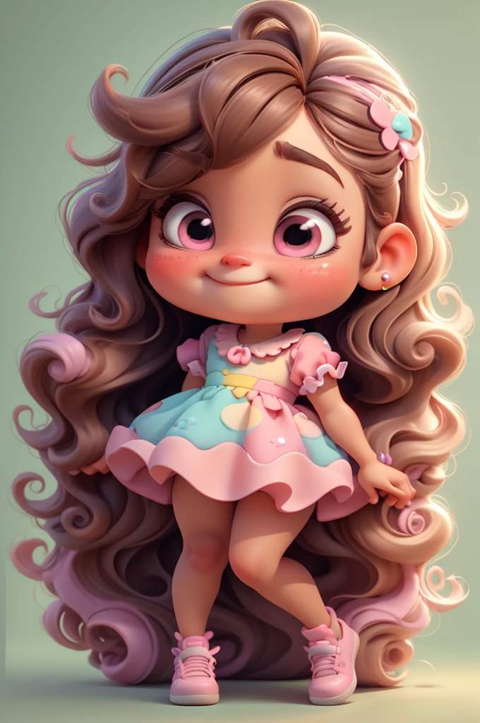 ilustración 3d, estilo pixar, lindo chibi, Niña Ariana Grande Cabello Castaño, pelo largo, lazo rosa en el pelo, Vestido aqua ciano con lunares blancos, Los ojos brillantes parecen personajes de película al revés., colores dulces, colores pasteles, sonriente, Brillantina, zapatos rosa claro, exuberante
