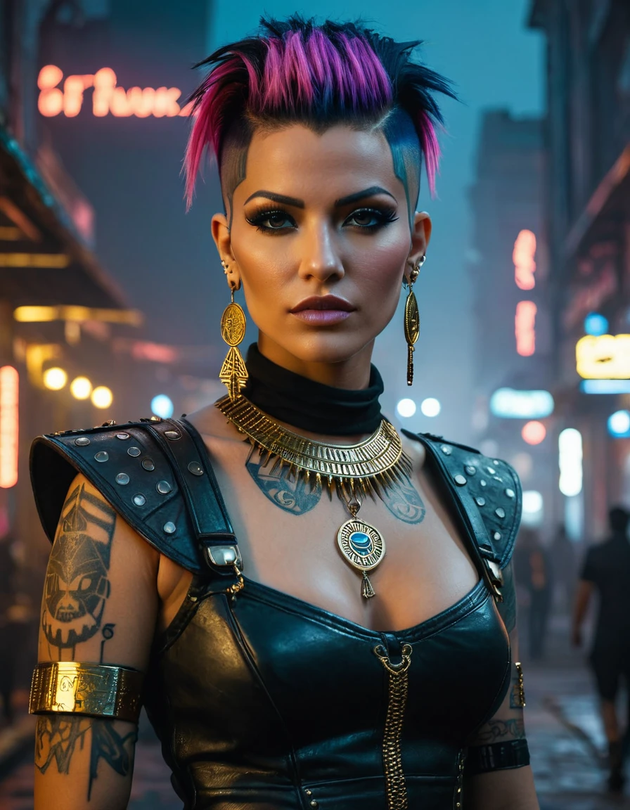 (masterpiece:1.7, best quality, ultra detailed, moonlight lights ratio, ultra realistic:1.3), Cinematic lighting:0.7, full-body portrait of a Brazilian woman with a punk Wiccan (witch) style, wearing a detailed gothic dress with leather elements, adorned with Egyptian gold jewelry, piercings, and runic tattoos. Sharp focus on her face, perfect eyes:1.5, photorealistic:1.5, film grain, looking at the camera:1.3, emphasize shoulders, foggy, misty, volumetric dust, key light, ray tracing, film grain ISO 800, 16 mm lens, RAW f1.8 aperture, analog photography, HDR colors, (cyberpunk cityscape:1.5), neon lights, futuristic buildings, (deep depth of field:1.3), complex and out-of-focus background, vibrant colors, dark, elegant, and intimidating atmosphere, (Brazilian ethnicity:1.5), (punk elements:1.5), (leather clothing:1.5), (sensual pose:1.2), (piercings:1.3), (runic tattoos:1.3), (detailed gothic dress:1.5), (Egyptian gold jewelry:1.5), (cyberpunk elements:1.5), (city at night:1.3), (high-tech gadgets and architecture:1.3), (neon signs and lights:1.3), (moody and atmospheric:1.3), (Lightroom cinematic filter:1.3), (EULER A method)
