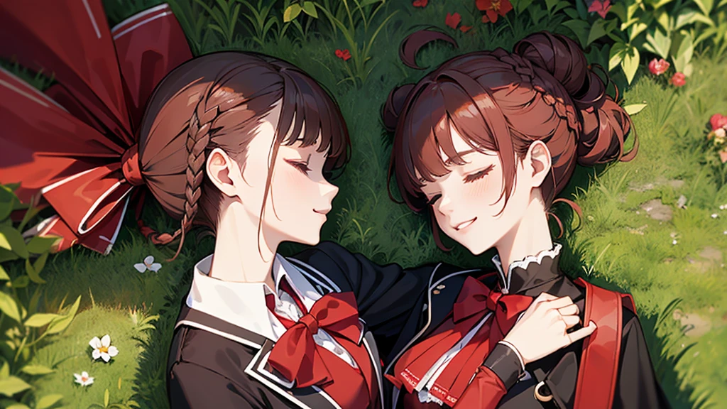 masterpiece, Highest quality, Phemonica, Hair Bun, Braiding, Red Bow, Black jacket, Black Skirt, Red Pantyhose, Upper Body, From above, Sleeping on your back, Grass, View your viewers, tired, smile, garden 