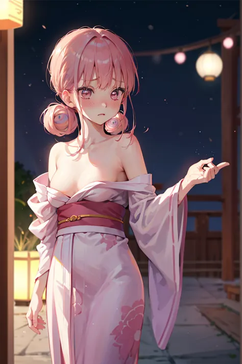 Acme Face、Random pose、Undressing、nsfw、yukata、yukata、Pale pink hair、Pale pink eyes、Under-ear bun hairstyle、Summer festival、night、...