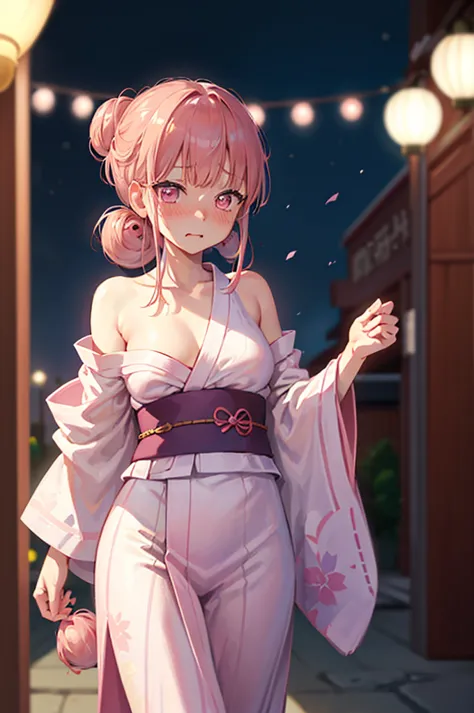 Acme Face、Random pose、Undressing、nsfw、yukata、yukata、Pale pink hair、Pale pink eyes、Under-ear bun hairstyle、Summer festival、night、...