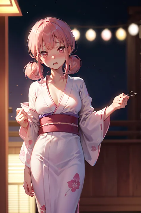 Acme Face、Random pose、Undressing、nsfw、yukata、yukata、Pale pink hair、Pale pink eyes、Under-ear bun hairstyle、Summer festival、night、...