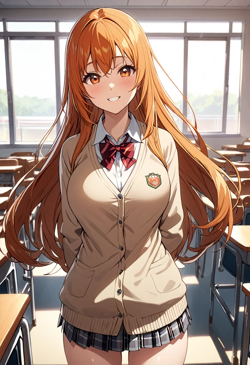 1 girl, (solo:1.2), tall girl, long orange hair, straight hair ,orange eyes, (high school student), (17 years old), (Full Breasts), (thighs), High Height,masterpiece, high resolution, shiny, full body, beautiful,A cute smile that makes the viewer happy, highly detailed beautiful face and eyes,looking at viewer, (high , cardigan:1.2), (high school, high school classroom:1.2), (from front), (zettai ryouiki),