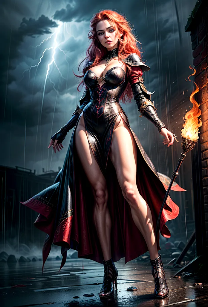a sorceress of fire making fire dance in a the (storm of rain: 1.3), a most exquisite beautiful sorceress, controlling fire mani...