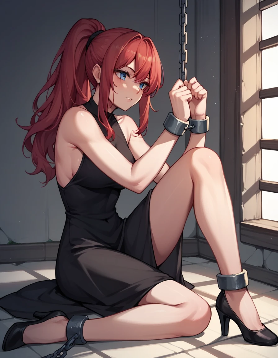 score_9, score_8_up, score_7_up, score_6_up, score_5_up, score_4_up, source_anime, 1girl,sit, red hair, ponytail, blue eyes, shackles, arms, w-w-chain, put on, loose hair, black dress, black high heels, dungeon, best quality, best res, 4K UHD,
 