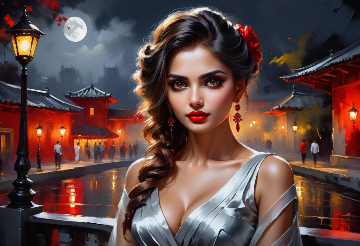 (night ambience) (scary bloody face) perfect eyes, fantastic but scary face, Indian, beautiful look, ((red lips, bright eyes, curve heir 1.5)), ((beautiful details very big breast )), (Straight round and ultra huge clevage, not sagging breast), sitting on a tree,  A glorious gorgeous, glorious gorgeous face, pretty face, bright eyes, white saree, updo elegant hair, blurred gray tones background, ultra focus, face ilumined, face detailed, 8k resolution, painted, dry brush, brush strokes, razumov style and garmash style, full body, sexy open thin belly, night ambience