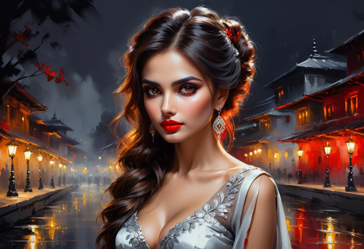 (night ambience) (scary bloody face) perfect eyes, fantastic but scary face, Indian, beautiful look, ((red lips, bright eyes, curve heir 1.5)), ((beautiful details very big breast )), (Straight round and ultra huge clevage, not sagging breast), sitting on a tree,  A glorious gorgeous, glorious gorgeous face, pretty face, bright eyes, white saree, updo elegant hair, blurred gray tones background, ultra focus, face ilumined, face detailed, 8k resolution, painted, dry brush, brush strokes, razumov style and garmash style, full body, sexy open thin belly, night ambience