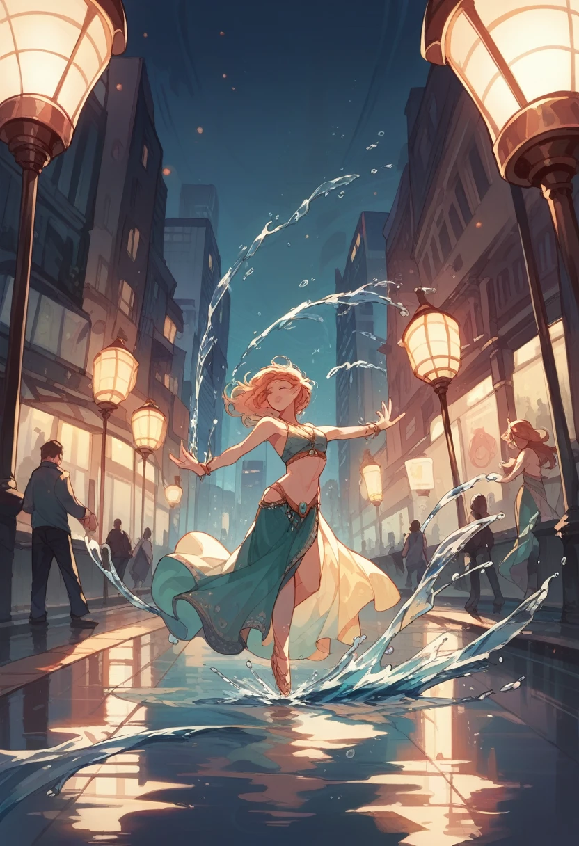 high quality, highly detailed, dancer, graceful, elegant pose, joy, , city streets, reflections, puddles, splashing water, dynamic movement, nighttime, soft streetlights, glistening raindrops, dramatic lighting,