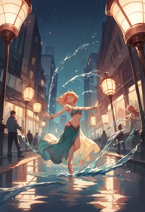 high quality, highly detailed, dancer, graceful, elegant pose, joy, , city streets, reflections, puddles, splashing water, dynam...