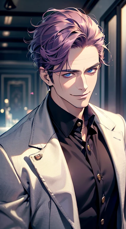 (best quality, masterpiece, 8K, photorealistic, cinematic lighting, 1:4 hdr image, ultra detailed, beautiful image), a mature man, 35 years very handsome, ((cold expression smile in love)), short  purple hair, blue eyes, face perfect without mistakes, ((buttoning his jacket, CEO)), smile.