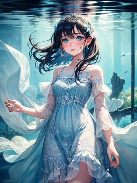 Girl bathing in clear water, Surrounded by tranquil underwater gardens. The girl is very short，Jet black hair and flowing, A lig...