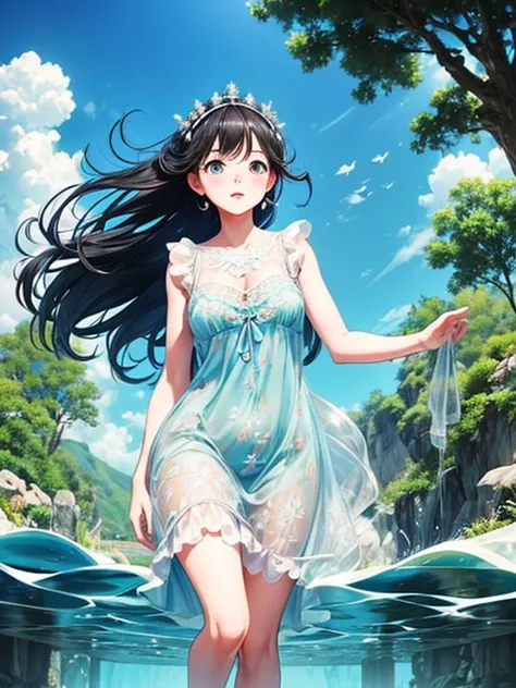 Girl bathing in clear water, Surrounded by tranquil underwater gardens. The girl is very short，Flat Chest，Thin thighs，Jet black ...