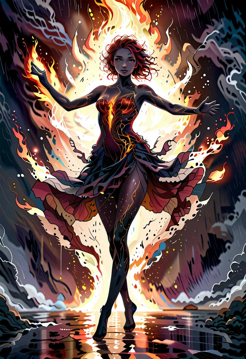 a sorceress of fire making fire dance in a the (storm of rain: 1.3), a most exquisite beautiful sorceress, controlling fire manipulating fire, a woman, dynamic hair color, dynamic hair style, (most beautiful face: 1.3), (ultra detailed face: 1.2), wet hair, wet face, dynamic eyes color, full body shot, wearing dress made of fire, wearing intricate high heels, light make up, dancing in courtyard of a fantasy castle background, ((heavy rain drops: 1.1)), clouds in the sky, (anatomically correct: 1.4), (full body shot: 1.1) , vibrant, Ultra-high resolution, High Contrast, (masterpiece:1.5), highest quality, Best aesthetics), best details, best quality, highres, ultra wide angle, 16k, [ultra detailed], masterpiece, best quality, (extremely detailed), firecd_xl, phoenix dress, fireMagicAI