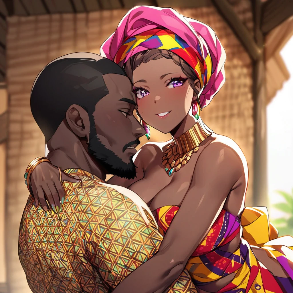 ((Highest quality)), ((masterpiece)), (detailed), （Perfect Face）、The woman is Momo Belia Deviluke, a Ghanaian by birth, with a vibrant dark skin, and is wearing a vibrant Ghanaian dress, a vibrant headscarf, gorgeous jewellery and an engagement ring.、The woman is the elegant Momo Belia Deviluke, with short pink bob hair, a colorful Ghanaian dress, a colorful headscarf, and vivid dark brown skin. She is a natural-born black and Ghanaian.、（The woman is a black Ghanaian with vivid dark brown skin.）、The woman is seen in a Ghanaian village, cuddling with a dignified, muscular, bearded, middle-aged Ghanaian man.、The man is the woman&#39;s husband, a dignified, muscular, middle-aged Ghanaian with a beard, wearing colorful Ghanaian traditional clothing and wearing an engagement ring.