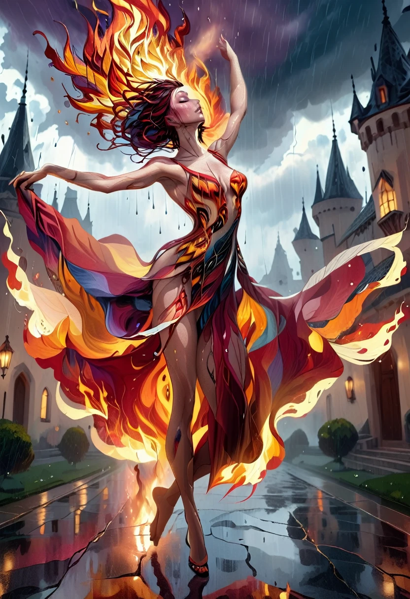 a sorceress of fire making fire dance in a the (storm of rain: 1.3), a most exquisite beautiful sorceress, controlling fire manipulating fire, a woman, dynamic hair color, dynamic hair style, (most beautiful face: 1.3), (ultra detailed face: 1.2), wet hair, wet face, dynamic eyes color, full body shot, wearing dress made of fire, wearing intricate high heels, light make up, dancing in courtyard of a fantasy castle background, ((heavy rain drops: 1.1)), clouds in the sky, (anatomically correct: 1.4), (full body shot: 1.1) , vibrant, Ultra-high resolution, High Contrast, (masterpiece:1.5), highest quality, Best aesthetics), best details, best quality, highres, ultra wide angle, 16k, [ultra detailed], masterpiece, best quality, (extremely detailed), firecd_xl, phoenix dress, fireMagicAI