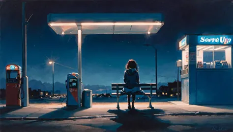 score_9, score_8_up, score_7_up, by rella, a girl sitting on a bench looking out in the night, sitting in a gas station, dark, n...