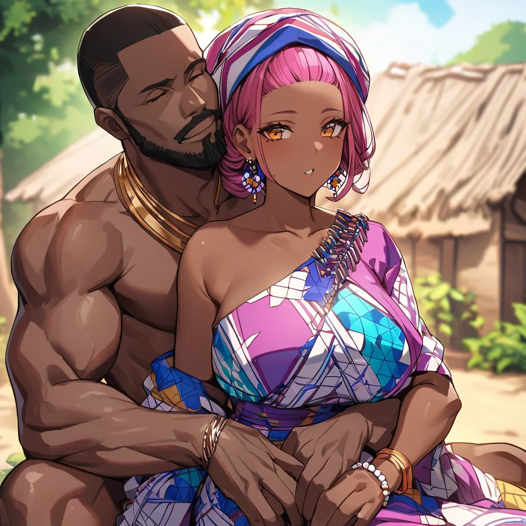 ((Highest quality)), ((masterpiece)), (detailed), （Perfect Face）、The woman is Momo Belia Deviluke, a Ghanaian by birth, with a vibrant dark skin, and is wearing a vibrant Ghanaian dress, a vibrant headscarf, gorgeous jewellery and an engagement ring.、The woman is the elegant Momo Belia Deviluke, with short pink bob hair, a colorful Ghanaian dress, a colorful headscarf, and vivid dark brown skin. She is a natural-born black and Ghanaian.、（The woman is a black Ghanaian with vivid dark brown skin.）、The woman is seen in a Ghanaian village, cuddling with a dignified, muscular, bearded, middle-aged Ghanaian man.、The man is the woman&#39;s husband, a dignified, muscular, middle-aged Ghanaian with a beard, wearing colorful Ghanaian traditional clothing and wearing an engagement ring.、the woman is pregnant