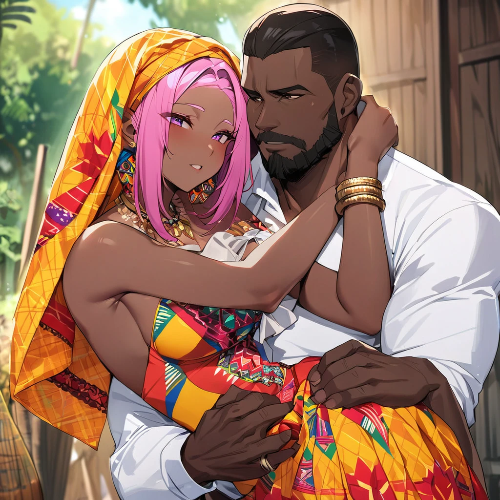 ((Highest quality)), ((masterpiece)), (detailed), （Perfect Face）、The woman is Momo Belia Deviluke, a Ghanaian by birth, with a vibrant dark skin, and is wearing a vibrant Ghanaian dress, a vibrant headscarf, gorgeous jewellery and an engagement ring.、The woman is the elegant Momo Belia Deviluke, with short pink bob hair, a colorful Ghanaian dress, a colorful headscarf, and vivid dark brown skin. She is a natural-born black and Ghanaian.、（The woman is a black Ghanaian with vivid dark brown skin.）、The woman is seen in a Ghanaian village, cuddling with a dignified, muscular, bearded, middle-aged Ghanaian man.、The man is the woman&#39;s husband, a dignified, muscular, middle-aged Ghanaian with a beard, wearing colorful Ghanaian traditional clothing and wearing an engagement ring.、the woman is pregnant