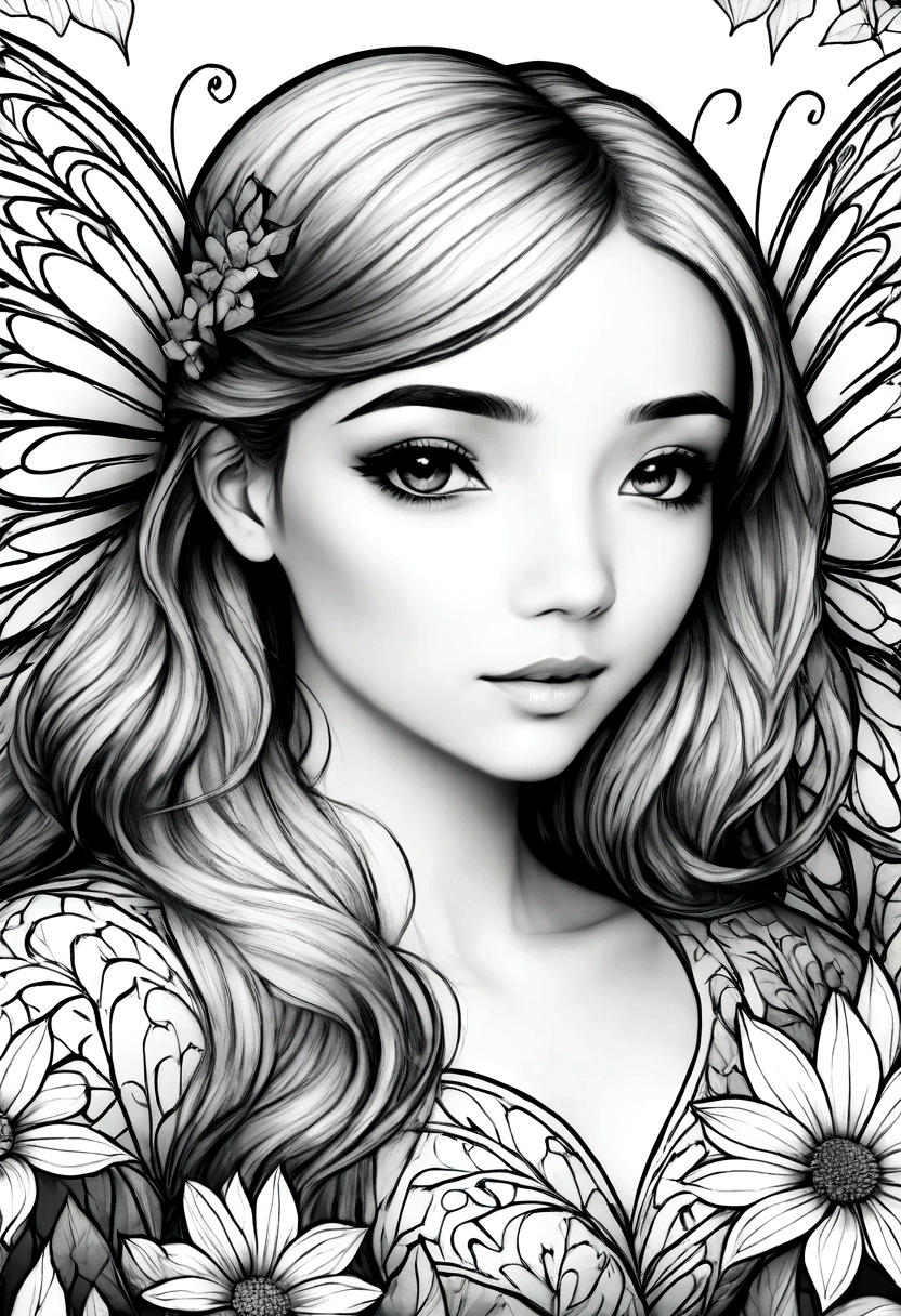 (A black and white coloring book:1.5), A fairy painting flowers with vibrant colors in an enchanted garden, clean line art, white background, colouring page, clean outline