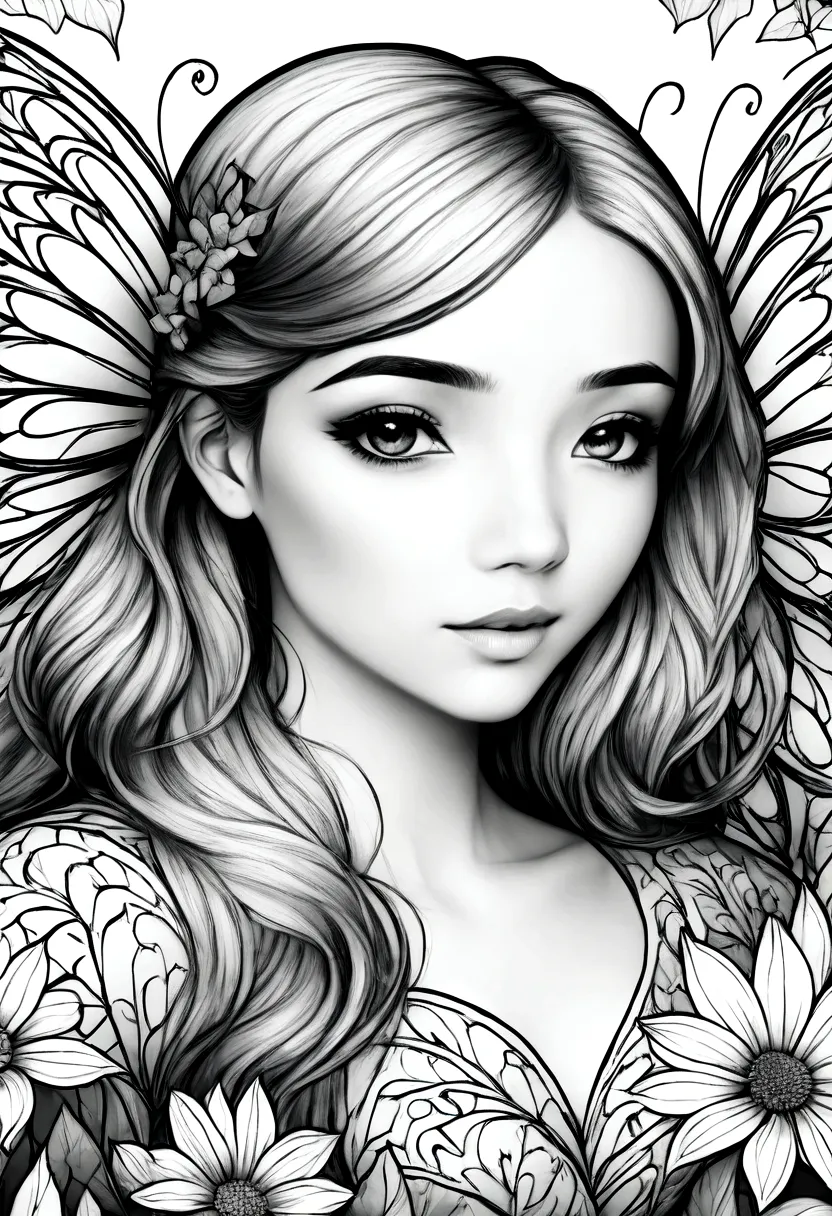 (a black and white coloring book:1.5), a fairy painting flowers with vibrant colors in an enchanted garden, clean line art, whit...