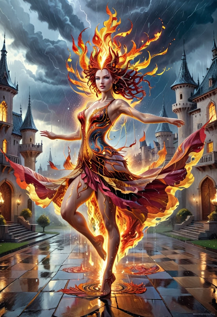 a sorceress of fire making fire dance in a the (storm of rain: 1.3), a most exquisite beautiful sorceress, controlling fire manipulating fire, a woman, dynamic hair color, dynamic hair style, (most beautiful face: 1.3), (ultra detailed face: 1.2), wet hair, wet face, dynamic eyes color, full body shot, wearing dress made of fire, wearing intricate high heels, light make up, dancing in courtyard of a fantasy castle background, ((heavy rain drops: 1.1)), clouds in the sky, (anatomically correct: 1.4), (full body shot: 1.1) , vibrant, Ultra-high resolution, High Contrast, (masterpiece:1.5), highest quality, Best aesthetics), best details, best quality, highres, ultra wide angle, 16k, [ultra detailed], masterpiece, best quality, (extremely detailed), firecd_xl, phoenix dress, fireMagicAI